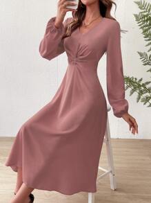 Chiquease Twist Front Lantern Sleeve Dress - Dusty Pink - View 4