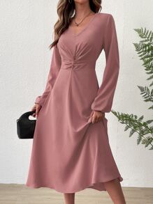 Chiquease Twist Front Lantern Sleeve Dress - Dusty Pink - View 5