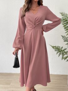 Chiquease Twist Front Lantern Sleeve Dress - Dusty Pink - View 6
