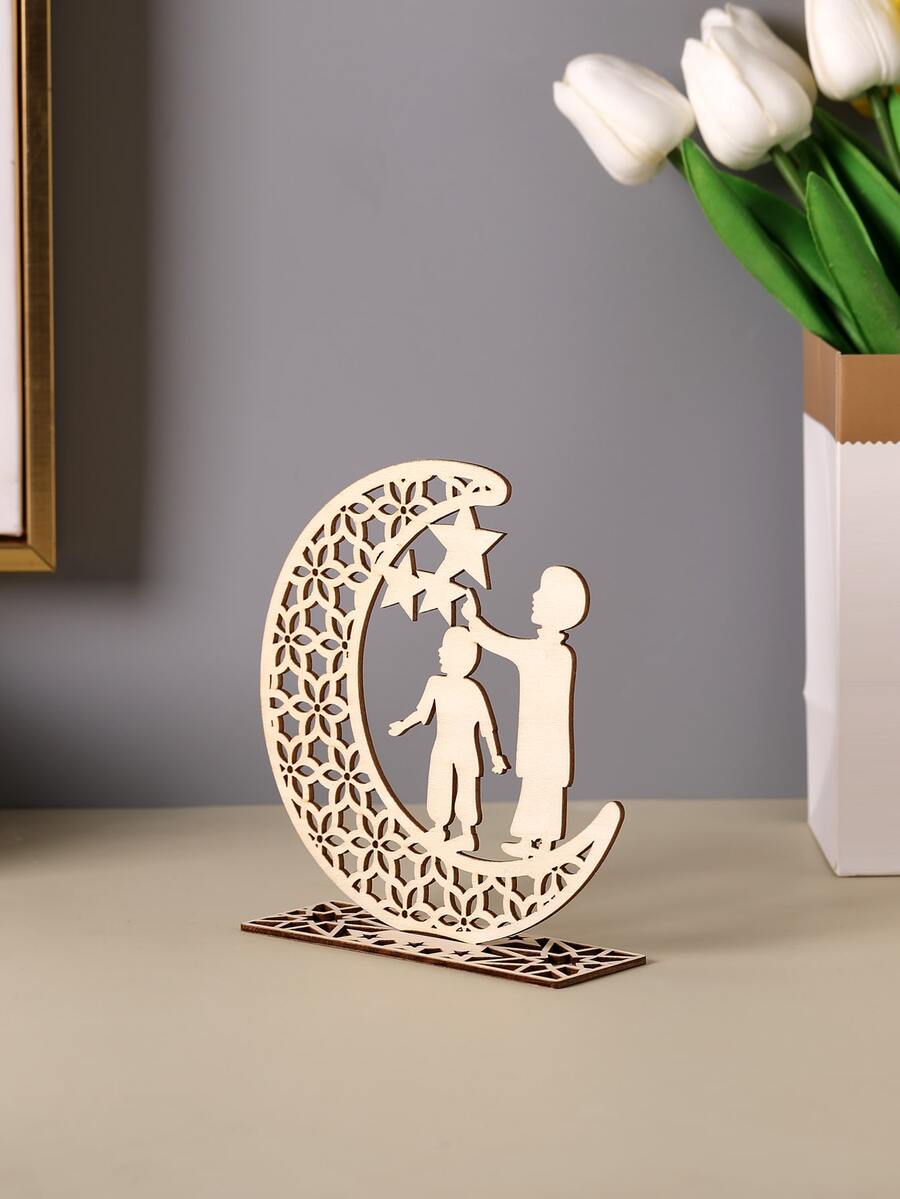 1PC Eid Hình & Mặt Trăng Thiết Kế Trang Trí Thủ Công, Đồ Vật Trang Trí Bằng Gỗ Cho Gia Đình - Màu be - Xem 1