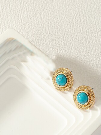Pendientes de tachuela con diseño de turquesa redondo