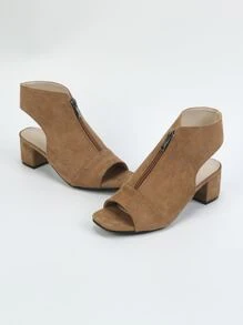 Zip Front Chunky Heeled Faux Suede Sandal Boots - Brown - View 2
