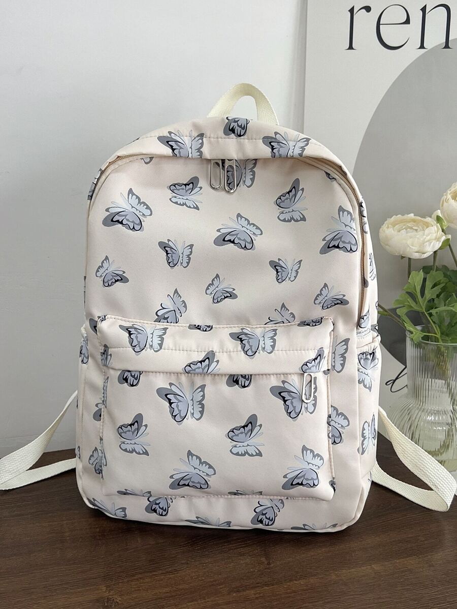 1 件经典蝴蝶印花米色背包，大容量，适合学生、休闲通勤学校背包、经典书包、休闲青少年女孩女士大学生大学、中学、高中、户外、旅行、郊游、返校、节日、学校用品、学校背包、书包、学校背包、返校、学校书包、时尚蝴蝶包 - 米色 - 查看 1