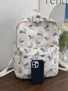 1 件经典蝴蝶印花米色背包，大容量，适合学生、休闲通勤学校背包、经典书包、休闲青少年女孩女士大学生大学、中学、高中、户外、旅行、郊游、返校、节日、学校用品、学校背包、书包、学校背包、返校、学校书包、时尚蝴蝶包 - 米色 - 查看 3