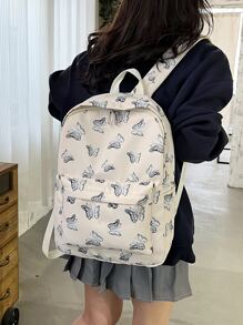 1 件经典蝴蝶印花米色背包，大容量，适合学生、休闲通勤学校背包、经典书包、休闲青少年女孩女士大学生大学、中学、高中、户外、旅行、郊游、返校、节日、学校用品、学校背包、书包、学校背包、返校、学校书包、时尚蝴蝶包 - 米色 - 查看 6