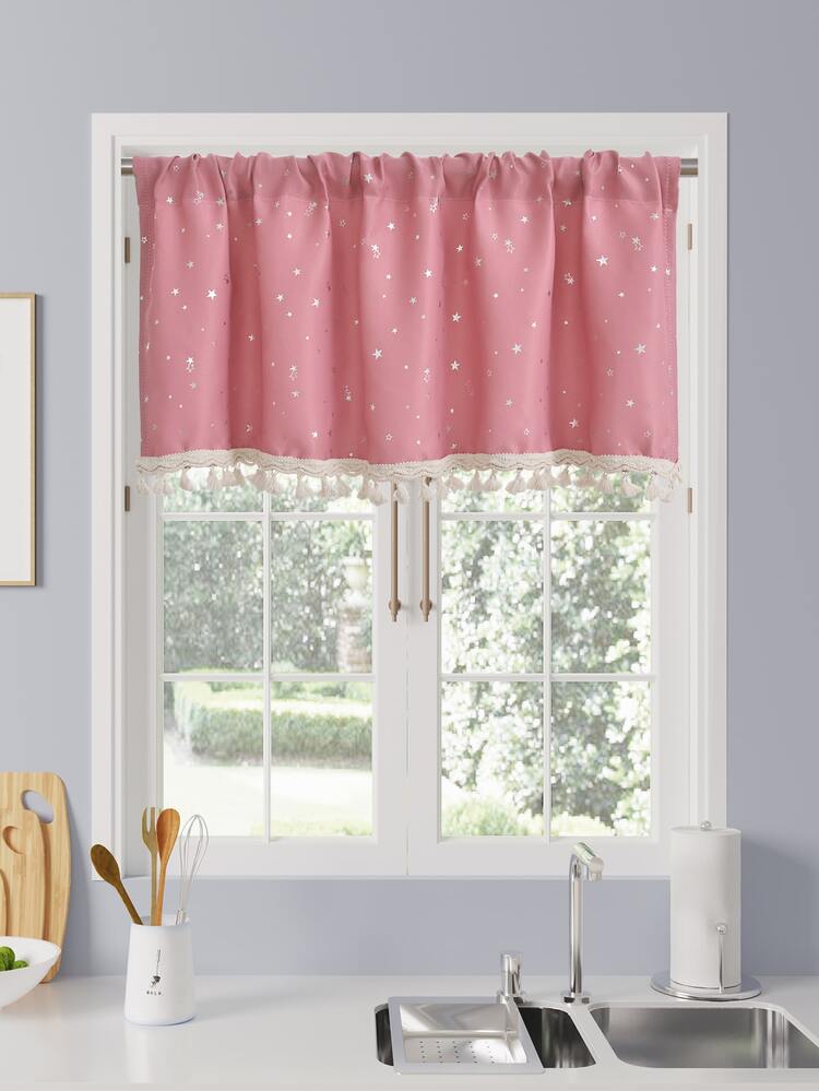 1pc Star Print Window Valance, Modern Polyester Curtain Valance For Home - Pink - View 1