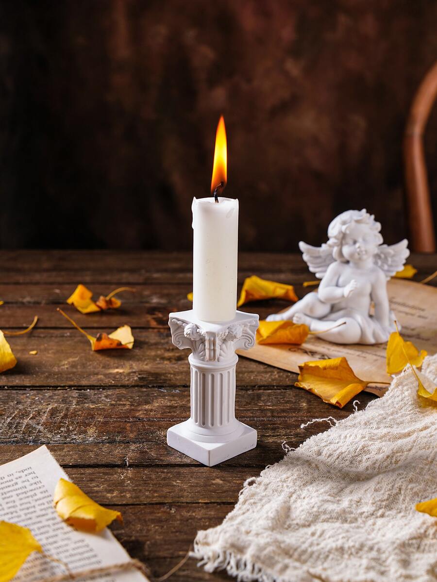 1pc Solid Color White ABS Candle Holder, Creative Pillar Shaped Candle Stand For Home - White - View 1