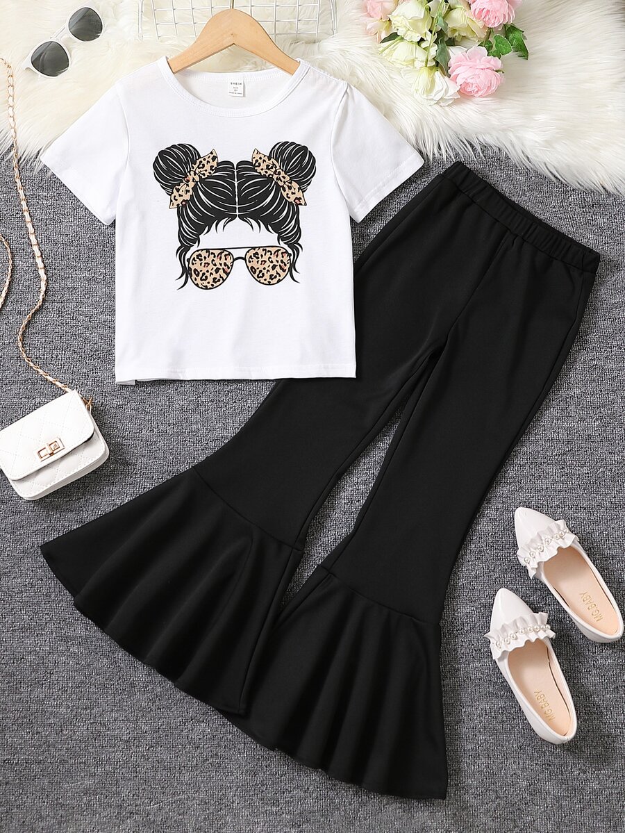 SHEIN Bộ hai mảnh Gái Viên lá sen Con số Giải trí - Đen và trắng - Xem 1