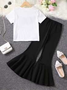 SHEIN Bộ hai mảnh Gái Viên lá sen Con số Giải trí - Đen và trắng - Xem 2