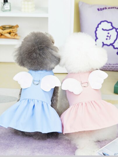 Spring/Summer New Pet Dress, Angel Wings Dog Clothes, Cat Apparel, Leash Buckle Skirt, Small Dog Princess Dress
