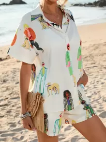 GENKIRA Figure & Cartoon Graphic Drop Shoulder Shirt & Shorts - Beige - View 1