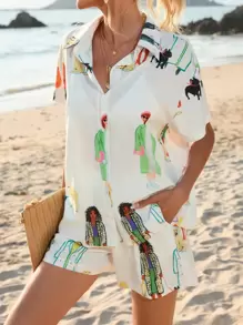 GENKIRA Figure & Cartoon Graphic Drop Shoulder Shirt & Shorts - Beige - View 5