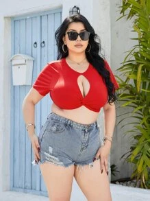 Áo thun Plus size Cắt ra xoắn lại màu trơn Gợi cảm - Đỏ - Xem 1
