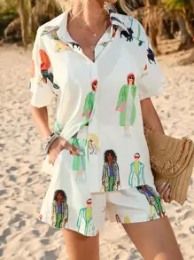 GENKIRA Figure & Cartoon Graphic Drop Shoulder Shirt & Shorts - Beige - View 6