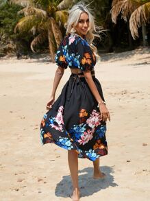 GENKIRA Floral Print Tie Back Plunge Neck Cut Out Waist Dress - Black - View 2