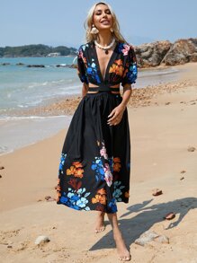 GENKIRA Floral Print Tie Back Plunge Neck Cut Out Waist Dress - Black - View 3
