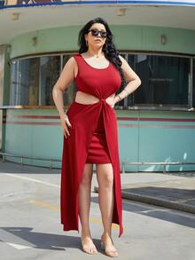 大碼鏤空前打結洋裝 - 酒紅色 - 查看 5