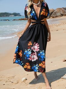 GENKIRA Floral Print Tie Back Plunge Neck Cut Out Waist Dress - Black - View 5