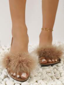 女式蓬鬆裝飾拖鞋，時尚露趾平底涼鞋 - 棕色 - 查看 2