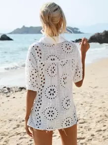 SHEIN VCAY Hollow Out Puff Sleeve Button Front Schiffy Shirt - White - View 2