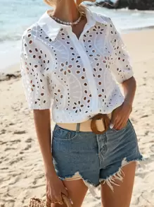 SHEIN VCAY Hollow Out Puff Sleeve Button Front Schiffy Shirt - White - View 3