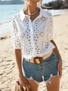 SHEIN VCAY Hollow Out Puff Sleeve Button Front Schiffy Shirt - White - View 4