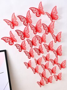 12pcs/set Paper Butterfly Sticker, Funny Red Hollow Out Self Adhesive 3D Butterfly Wall Decor For Home - Red - View 1