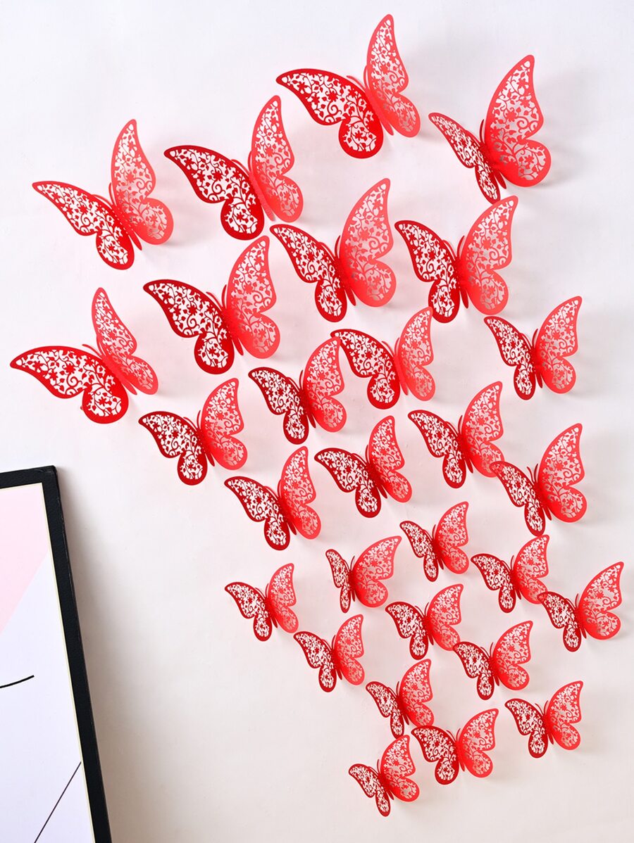 12pcs/set Paper Butterfly Sticker, Funny Red Hollow Out Self Adhesive 3D Butterfly Wall Decor For Home - Red - View 1