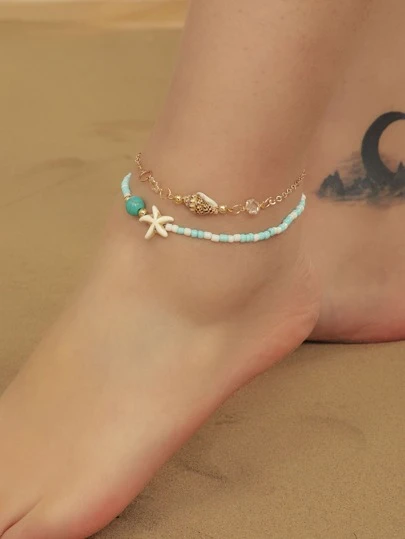 2入組/套海星和貝殼裝飾腳錬