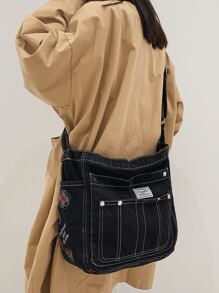 縫線細節流浪包星星和字母刺繡滌綸適合日常生活書包適合畢業生、青少年女孩、新生、大二、大三和大四學生、大學和高中，非常適合戶外、旅行和返校 - 黑色 - 查看 2