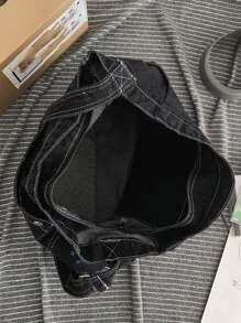 縫線細節流浪包星星和字母刺繡滌綸適合日常生活書包適合畢業生、青少年女孩、新生、大二、大三和大四學生、大學和高中，非常適合戶外、旅行和返校 - 黑色 - 查看 6