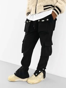 Manfinity Roghcode Men's Casual Plain Flap Pocket Side Drawstring Waist Cargo Pants, Stacked Long Vacation Black Cargo Pants, For Husband, Boyfriend Gifts, Fall - Black - View 1