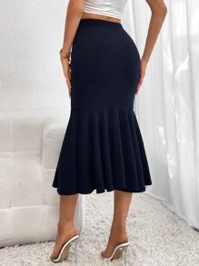 SHEIN Privé Váy nữ cườm đính Ngọc trai Viên lá sen màu trơn Thanh lịch - Màu xanh hải quân - Xem 2