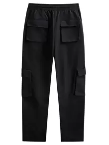 Manfinity Roghcode Men's Casual Plain Flap Pocket Side Drawstring Waist Cargo Pants, Stacked Long Vacation Black Cargo Pants, For Husband, Boyfriend Gifts, Fall - Black - View 2