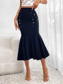 SHEIN Privé Váy nữ cườm đính Ngọc trai Viên lá sen màu trơn Thanh lịch - Màu xanh hải quân - Xem 5
