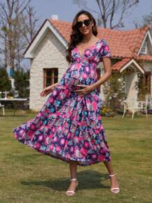 Maternity Floral Print Ruffle Hem Dress - Multicolor - View 1