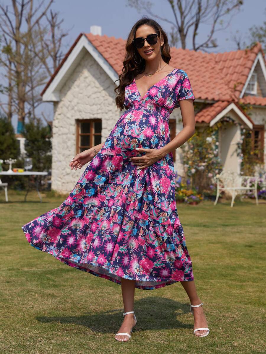 Maternity Floral Print Ruffle Hem Dress - Multicolor - View 1
