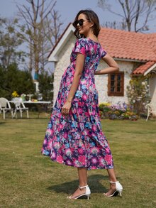 Maternity Floral Print Ruffle Hem Dress - Multicolor - View 2