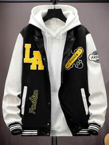 Aesthetic Post 男士字母圖案雙色學院風夾克無連帽衫 - 黑色 - 查看 1