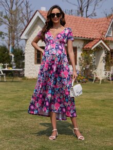 Maternity Floral Print Ruffle Hem Dress - Multicolor - View 7