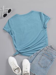 SHEIN Unity Áo thun nữ Tim Slogan Giải trí - Màu xanh bụi bặm - Xem 2