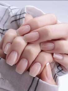 Upgrade Your Look With 24pcs Short Square Minimalist White French Fake Nail & 1sheet Tape & 1pc Nail File Nails - Baby Pink - View 1