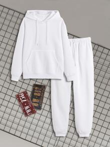 男士袋鼠口袋抽繩連帽衫和運動褲 - 白色 - 查看 1