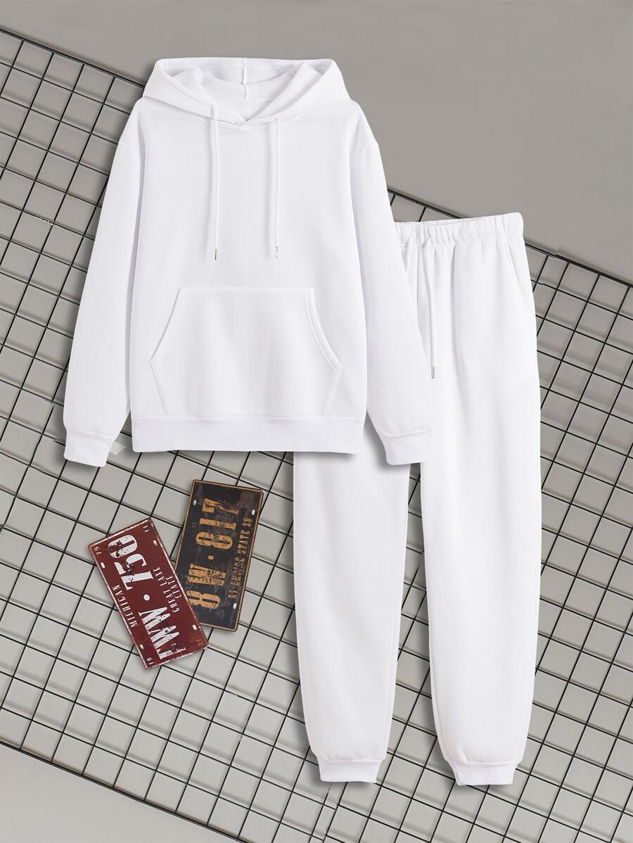 男士袋鼠口袋抽繩連帽衫和運動褲 - 白色 - 查看 1