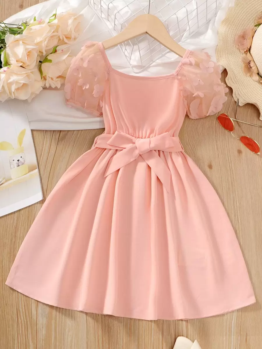 SHEIN Đầm bé gái Đề can Tương phản Mesh màu trơn Dễ thương - Hồng - Xem 1