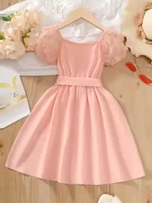 SHEIN Đầm bé gái Đề can Tương phản Mesh màu trơn Dễ thương - Hồng - Xem 2