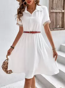 SHEIN Frenchy 蕾絲拼接前紐扣襯衫連衣裙不附腰帶 - 白色 - 查看 4