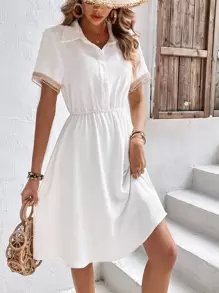 SHEIN Frenchy 蕾絲拼接前紐扣襯衫連衣裙不附腰帶 - 白色 - 查看 5