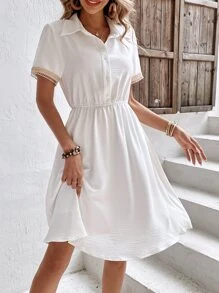 SHEIN Frenchy 蕾絲拼接前紐扣襯衫連衣裙不附腰帶 - 白色 - 查看 1