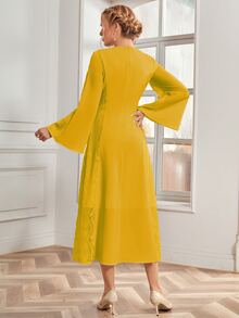 Vestido renda de contraste manga de trombeta - Amarelo - Ver 2